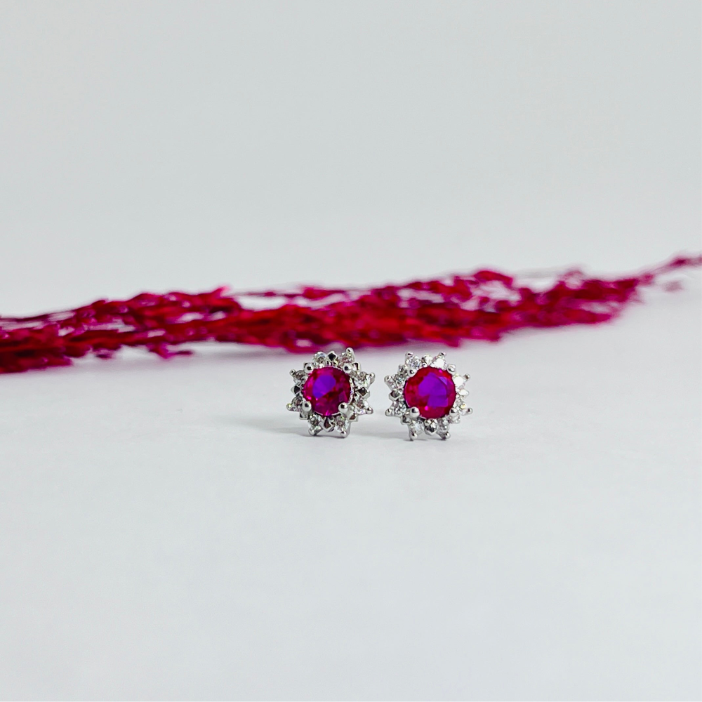 Aros de plata con tope flor circonita fucsia