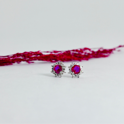 Aros de plata con tope flor circonita fucsia